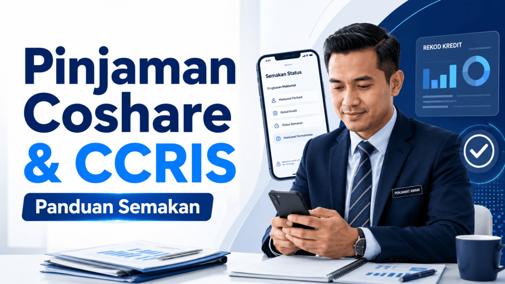 Penjawat awam Malaysia menyemak maklumat CCRIS dan pembiayaan peribadi Coshare pada telefon pintar