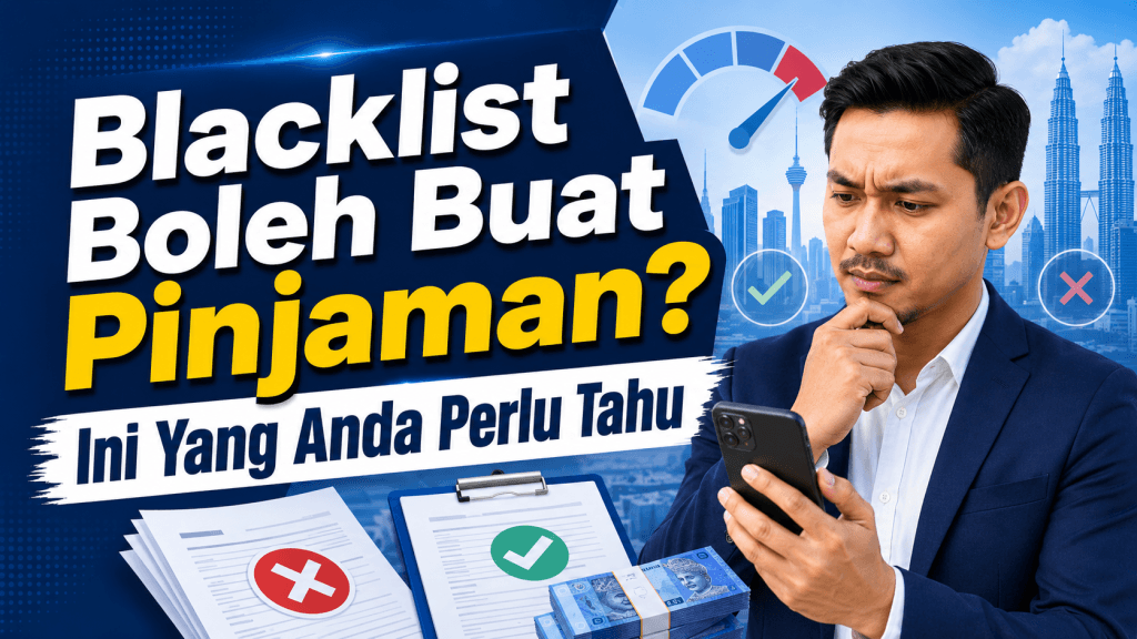 elaki berkot melihat telefon bimbit dengan riak wajah berfikir, berlatarbelakangkan tajuk 'Blacklist Boleh Buat Pinjaman? Ini Yang Anda Perlu Tahu', Menara Beregu Petronas, skor kredit, dan dokumen kelulusan pinjaman.