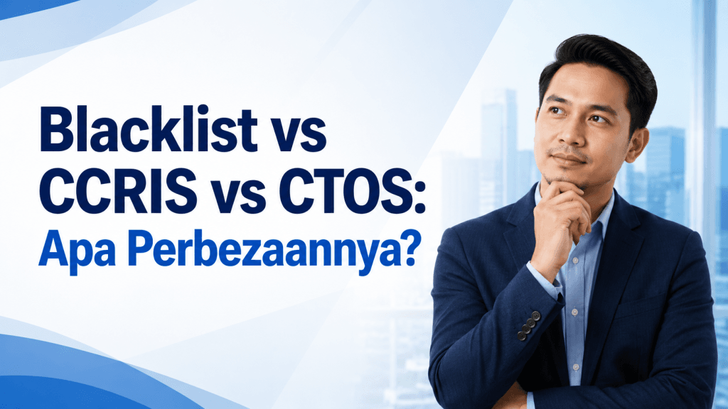 Gambar artikel bertajuk "Blacklist vs CCRIS vs CTOS: Apa Perbezaannya?" memaparkan seorang lelaki profesional berkot biru sedang berfikir.