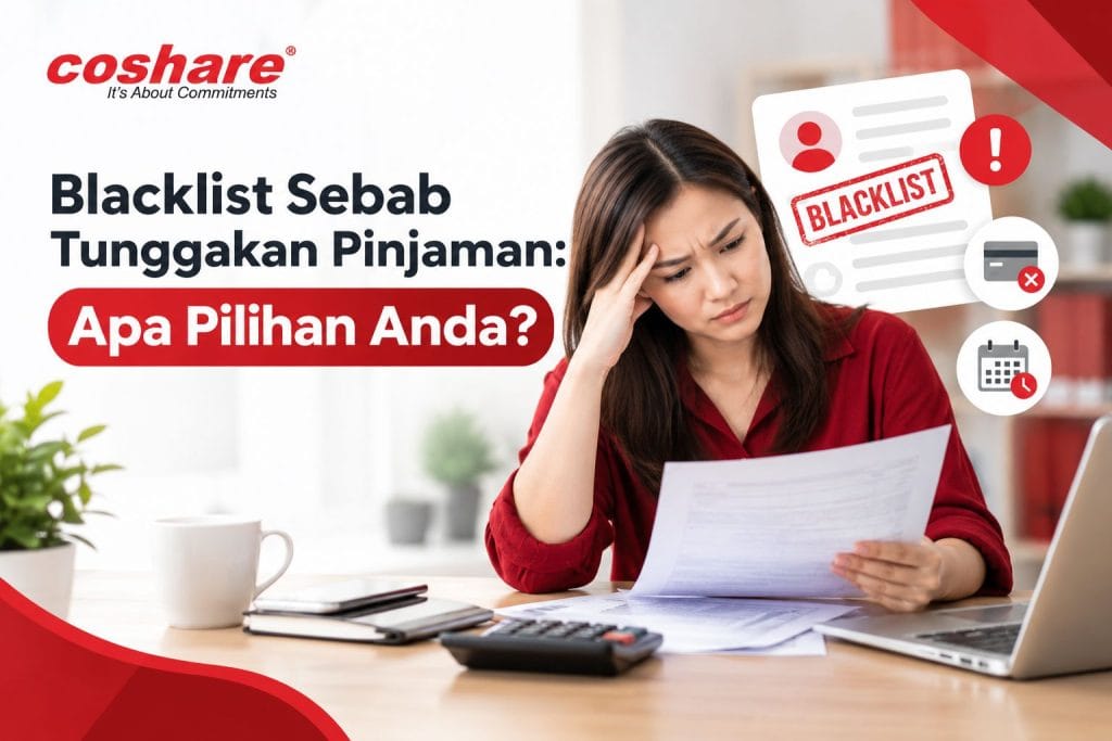 Wanita kelihatan risau melihat dokumen kewangan dengan grafik blacklist, kad dan peringatan bayaran tertunggak.