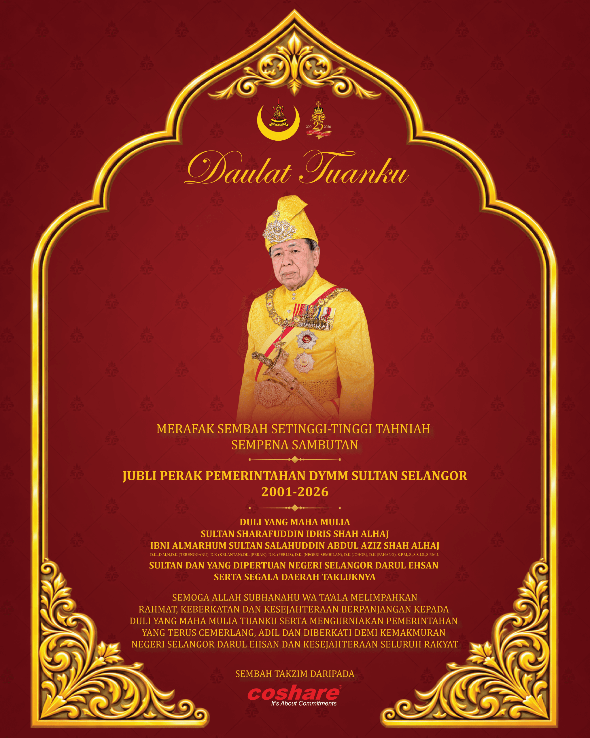 Poster ucapan Coshare sempena Jubli Perak Pemerintahan DYMM Sultan Selangor, 2001 hingga 2026.